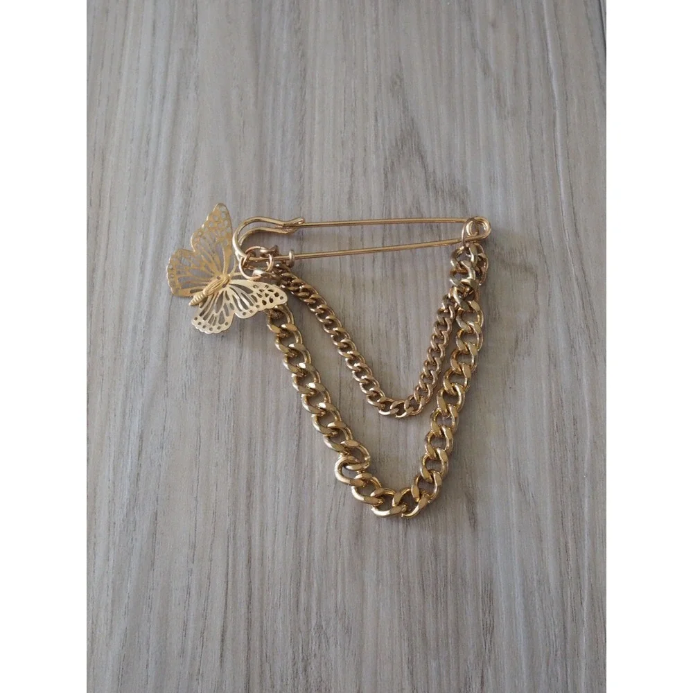 Gold Butterfly Safety Pin Chain Brooch Y2K Cottagecore Punk Jewelry Fairycore